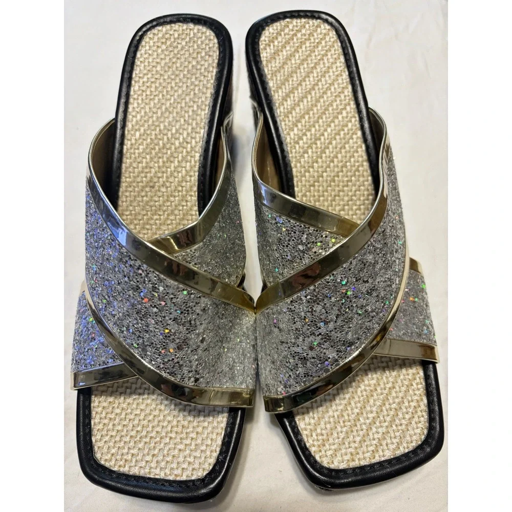Glitter Slide Sandals Geometric Multicolor Silver Block Heel Straps Women's 7